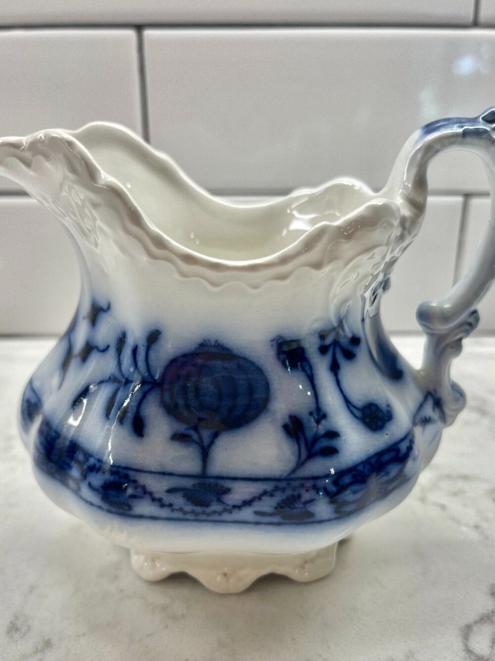 Antique Johnson Brothers Holland Flow Blue "Blue Onion" Creamer, 1900-1913